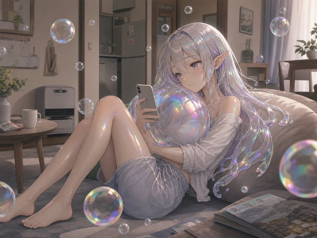温馨公寓里的肥皂泡精灵 / Soap Bubble Elf in Cozy Apartment，角色设计，35mm、人像、插画，案例输出图 1