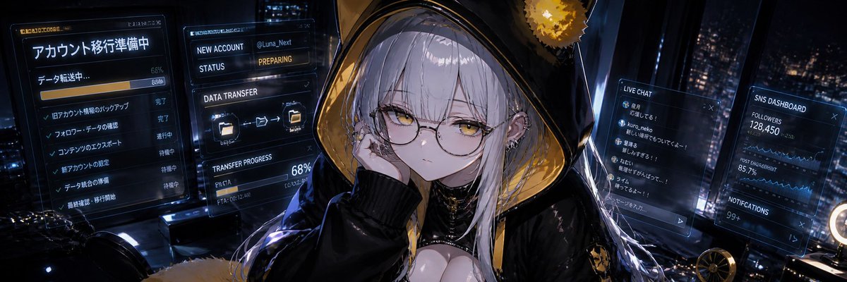 赛博朋克账号迁移主播 / Cyberpunk Account Migration Streamer，UI 与社交媒体截图，电影感、海报、插画，案例输出图 1