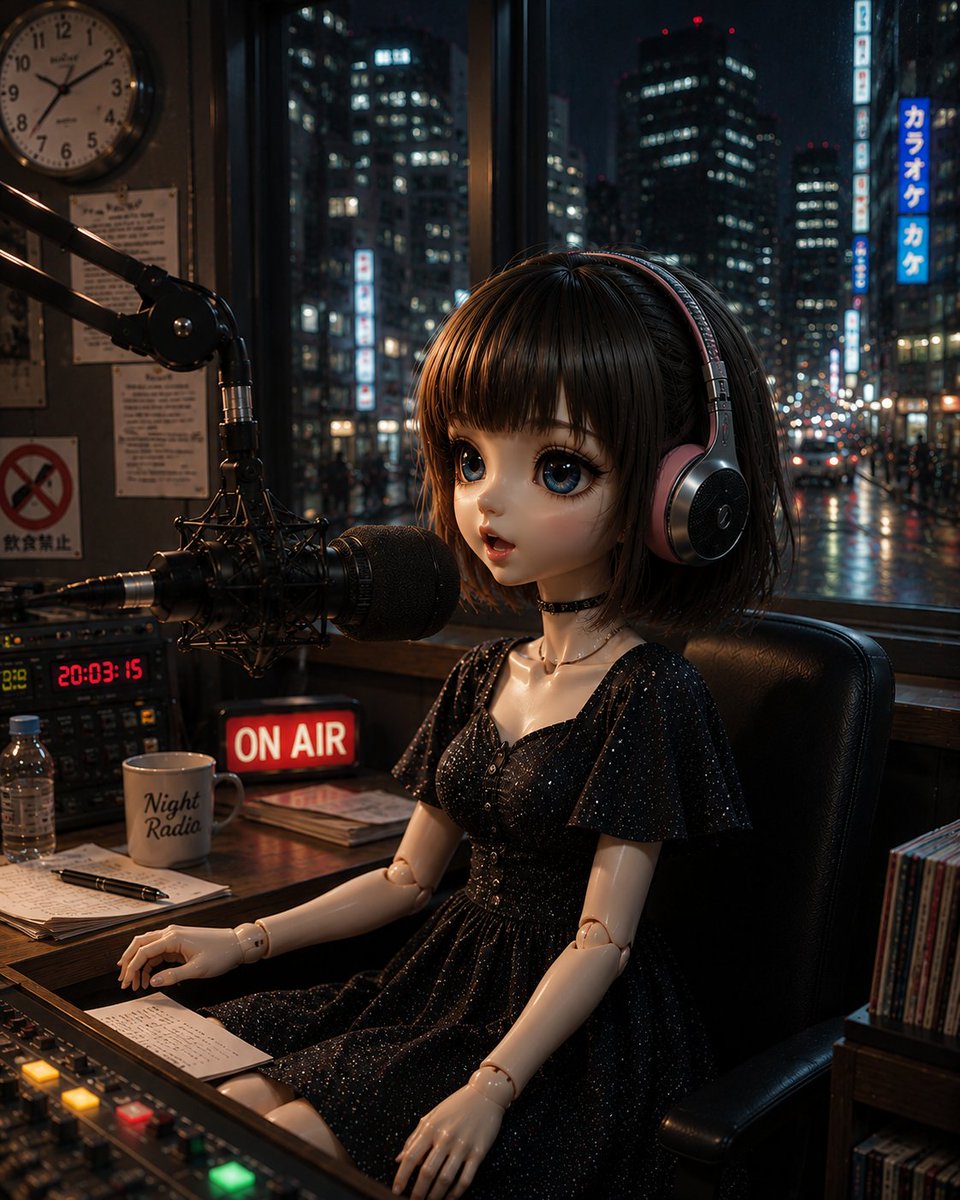 匿名深夜电台玩偶主播 / Anonymous Night Radio Doll Host，人像与摄影，霓虹、人像、电影感，案例输出图 1