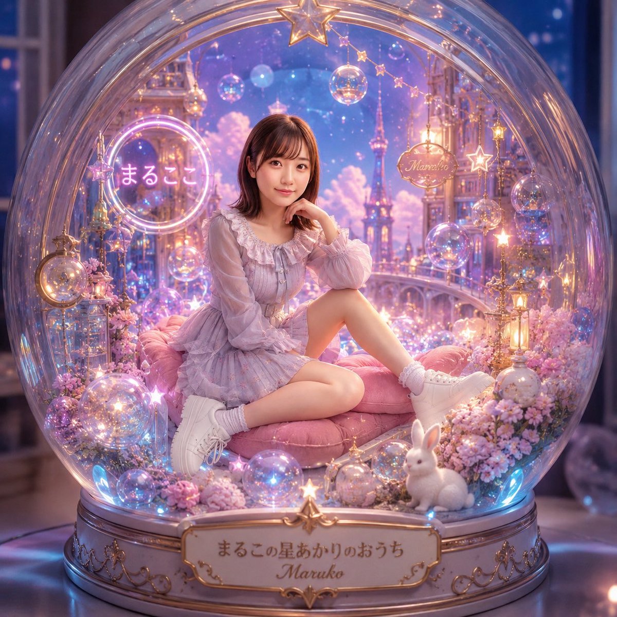 可爱风梦幻雪花球肖像 / Kawaii Fantasy Snow Globe Portrait,角色设计,霓虹、人像、电影感,案例输出图 1