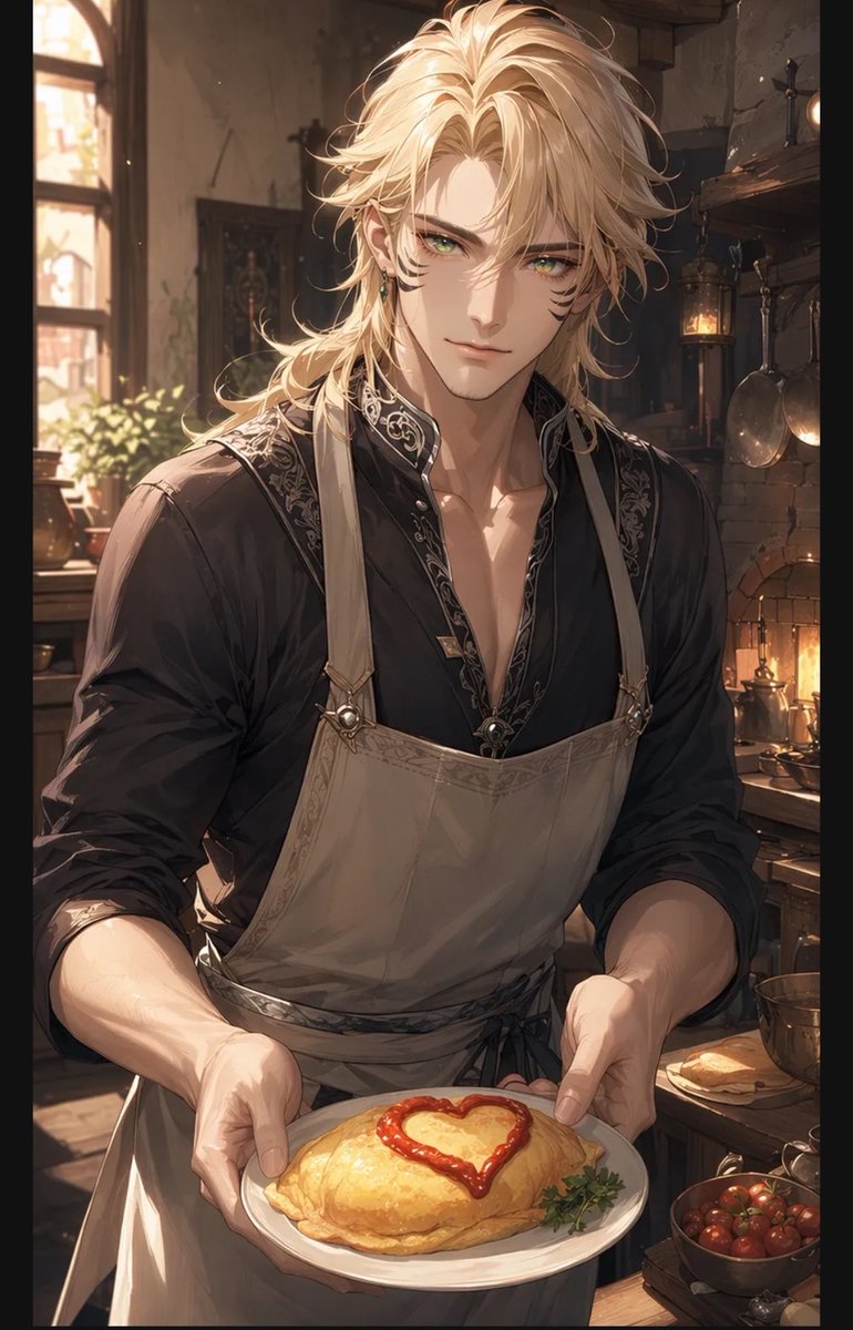 系着围裙的金发男子呈上爱心蛋包饭 / Blond Apron Man Serving Heart Omurice，角色设计，人像、电影感、插画，案例输出图 1