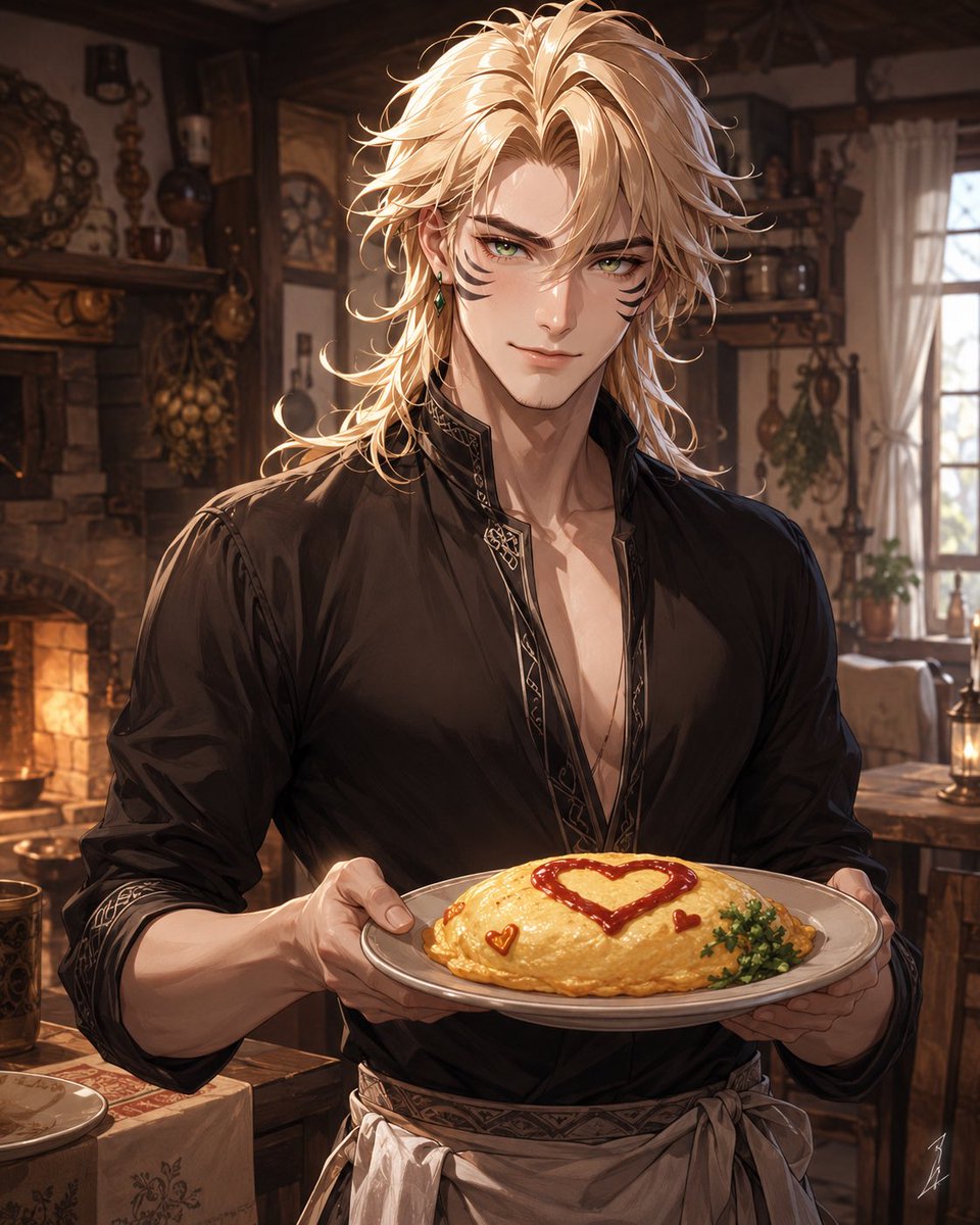 系着围裙的金发男子呈上爱心蛋包饭 / Blond Apron Man Serving Heart Omurice，角色设计，人像、电影感、插画，案例输出图 2