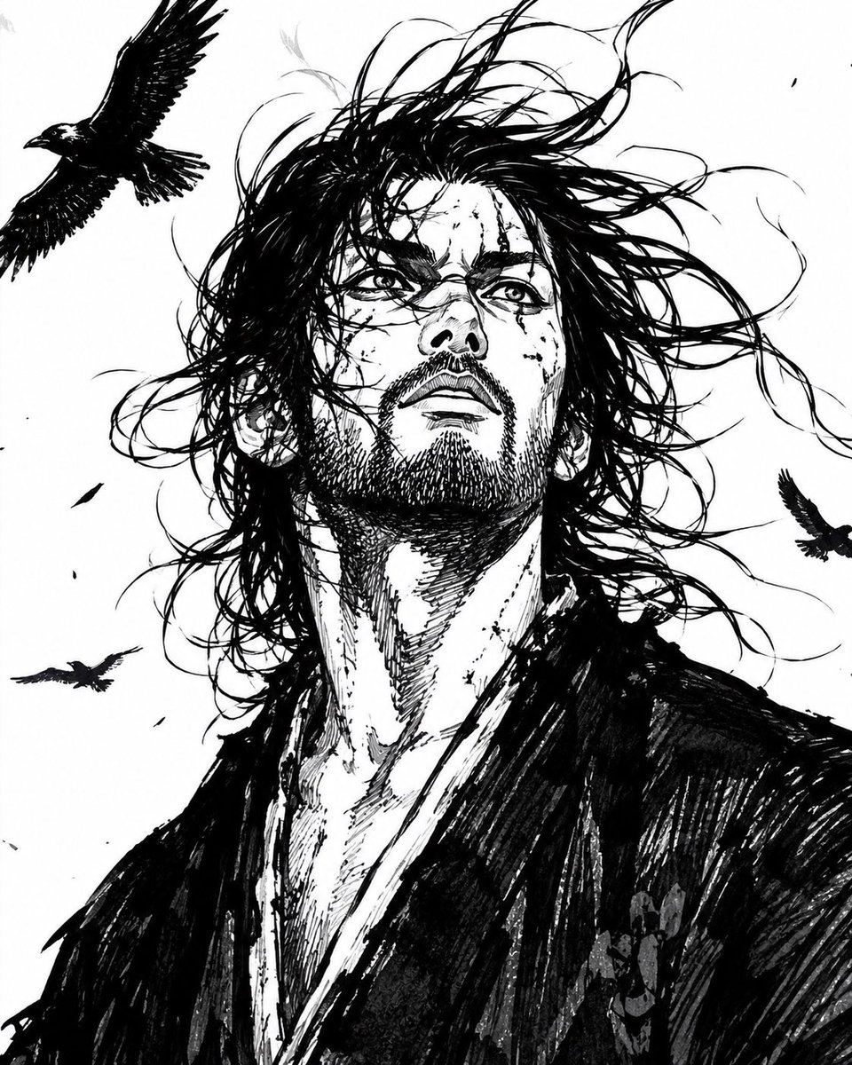水墨风武士肖像 / Windblown Ink Samurai Portrait，角色设计，人像、插画、角色，案例输出图 1