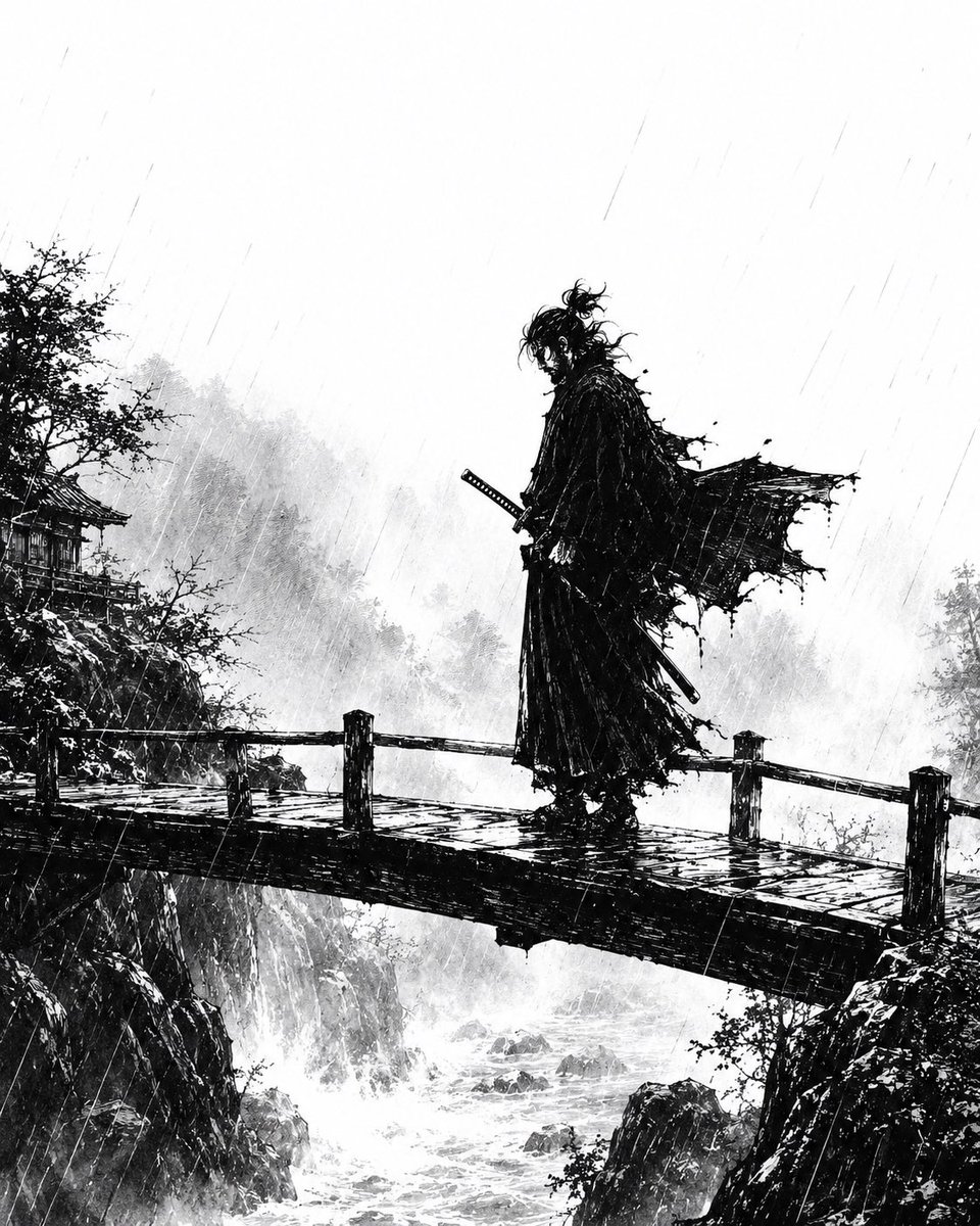 暴雨浪人桥上场景 / Rainstorm Ronin Bridge Scene，角色设计，电影感、插画、角色，案例输出图 1