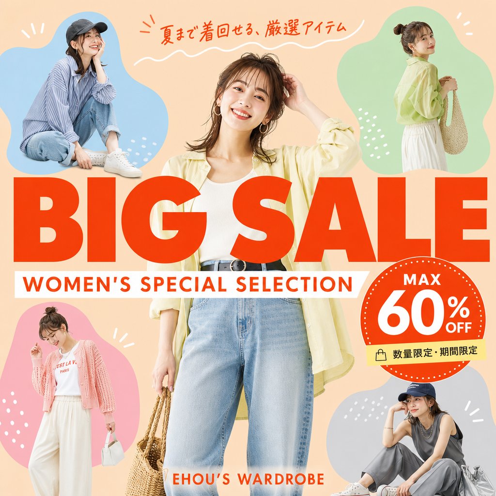 女士夏季大促横幅 / Women's Summer Big Sale Banner，UI 与社交媒体截图，人像、时尚、海报，案例输出图 1