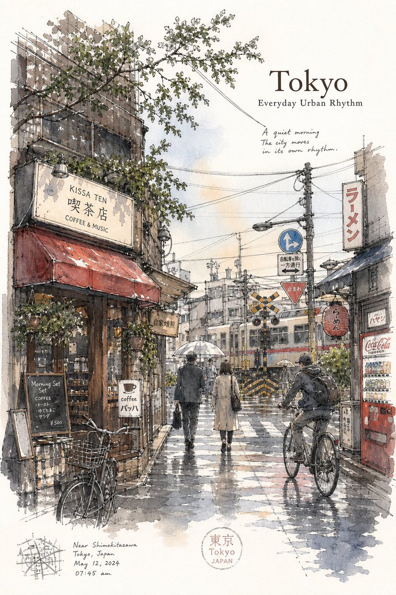 东京极简主义城市写生海报 / Tokyo Minimalist Urban Sketch Poster,人像与摄影,人像、电影感、时尚,案例输出图 1