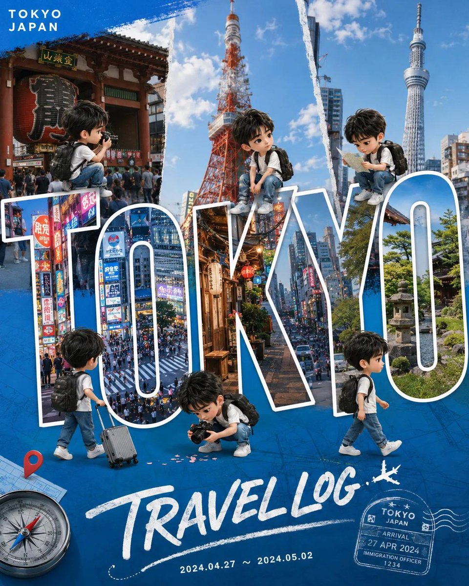 Q 版旅行 Vlog 海报设计 / Chibi Travel Vlog Poster Design，角色设计，电影感、时尚、海报，案例输出图 1
