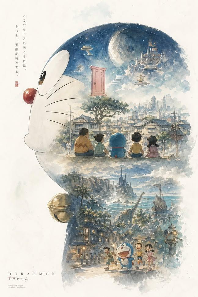 哆啦 A 梦水彩剪影梦境 / Doraemon Watercolor Silhouette Dreamscapes,角色设计,插画、角色、水彩,案例输出图 1