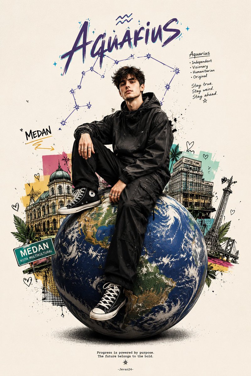 黄道十二宫地球仪与城市涂鸦海报 / Zodiac Globe and City Doodles Poster，角色设计，人像、时尚、海报，案例输出图 1