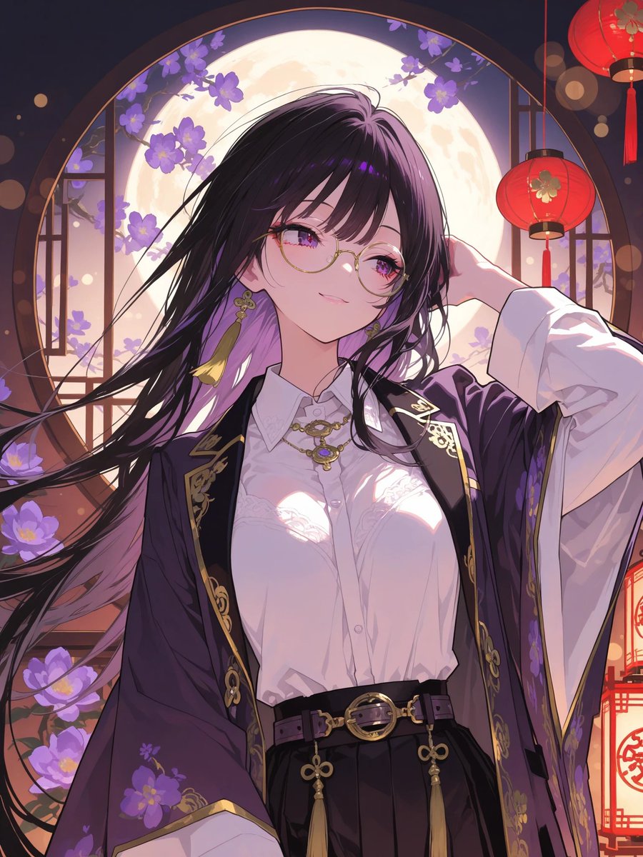 月光下身着华丽和服的动漫女性 / Moonlit Anime Woman in Ornate Kimono，角色设计，人像、电影感、插画，案例输出图 1