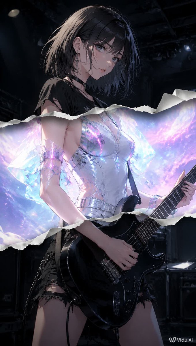 撕纸风格动漫吉他手 / Torn Paper Anime Guitarist,角色设计,电影感、插画、角色,案例输出图 1