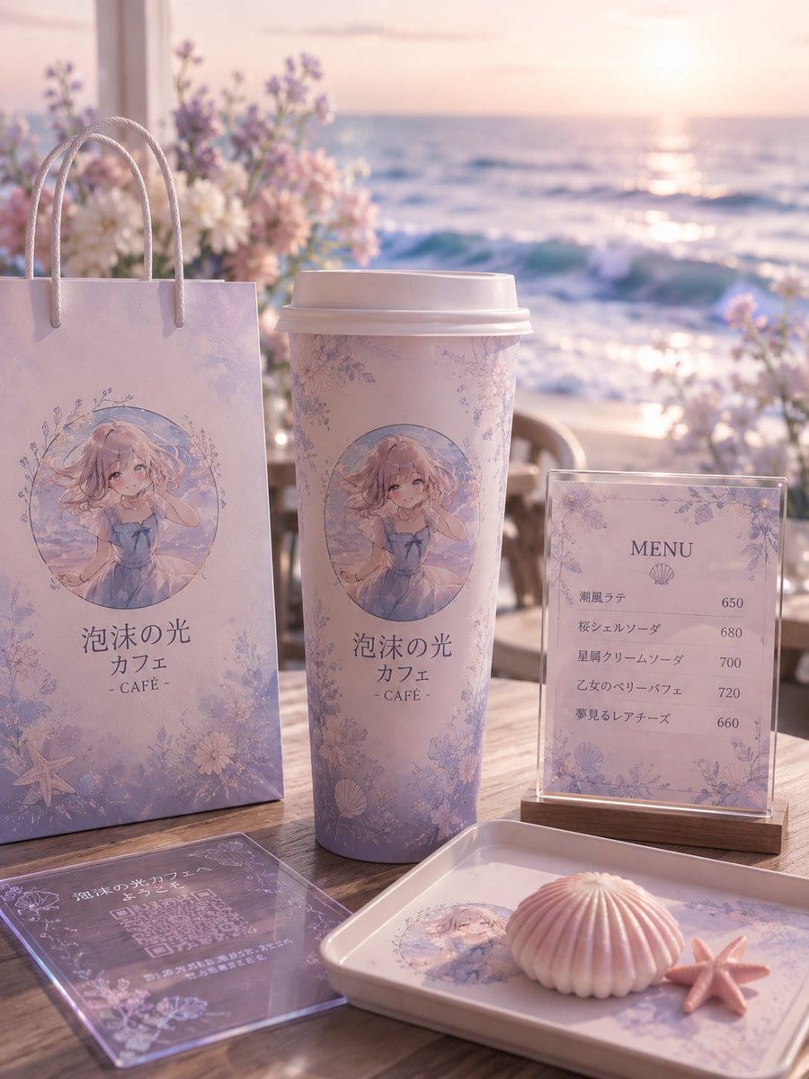 柔和海滨动漫咖啡馆样机 / Pastel Seaside Anime Cafe Mockup，UI 与社交媒体截图，插画、UI、截图，案例输出图 1