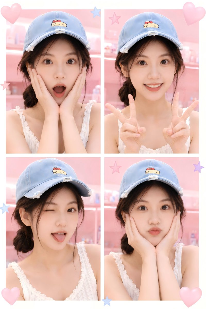 可爱风四格自拍拼图 / Kawaii Four-Panel Selfie Collage,角色设计,人像、插画、角色,案例输出图 1