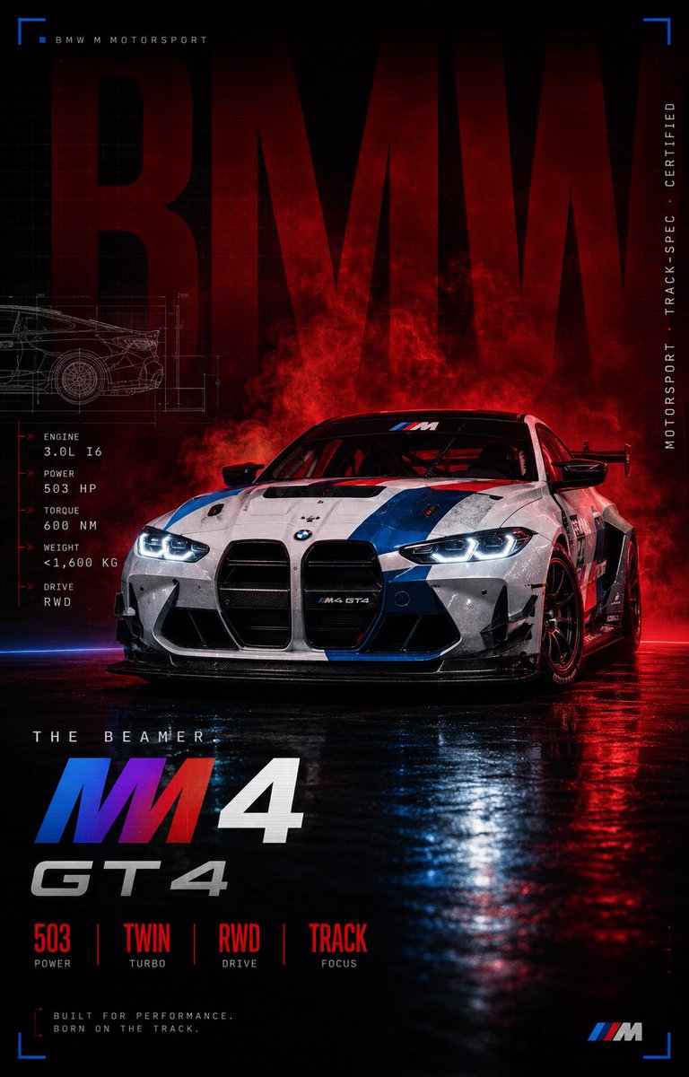 BMW M4 GT4 赛车海报 / BMW M4 GT4 Motorsport Poster，模型对比与社区，电影感、海报、截图，案例输出图 1