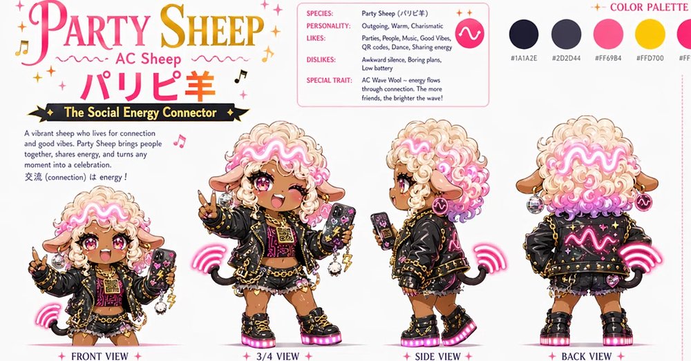 Party Sheep 角色设计图 / Party Sheep Character Sheet，角色设计，霓虹、时尚、插画，案例输出图 1