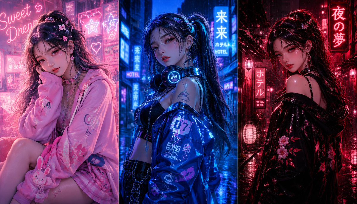 三联画风格动漫时尚拼贴 / Three-panel anime fashion collage，角色设计，霓虹、电影感、时尚，案例输出图 1