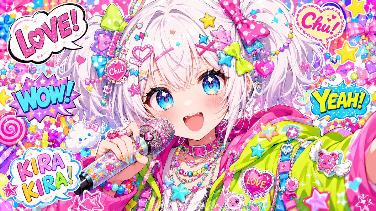 原宿卡哇伊流行偶像 / Harajuku Kawaii Pop Idol，UI 与社交媒体截图，霓虹、人像、海报，案例输出图 1