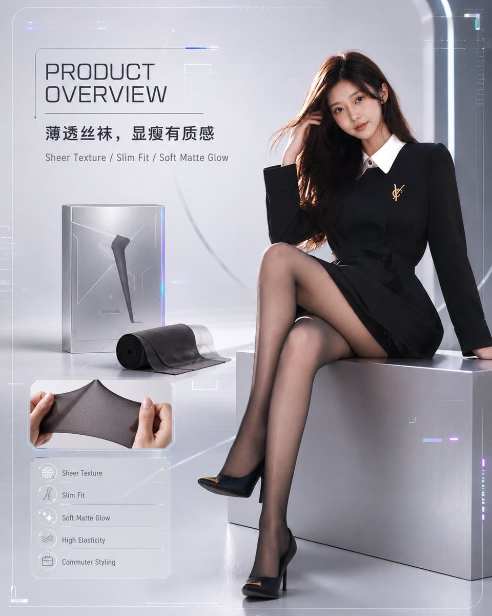 未来感丝袜产品概览 / Futuristic Stockings Product Overview,UI 与社交媒体截图,霓虹、时尚、海报,案例输出图 1