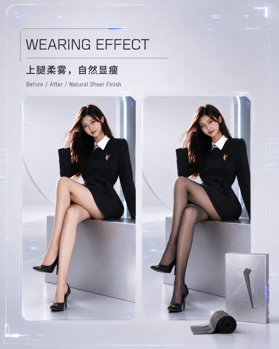 未来感丝袜产品概览 / Futuristic Stockings Product Overview，UI 与社交媒体截图，霓虹、时尚、海报，案例输出图 2