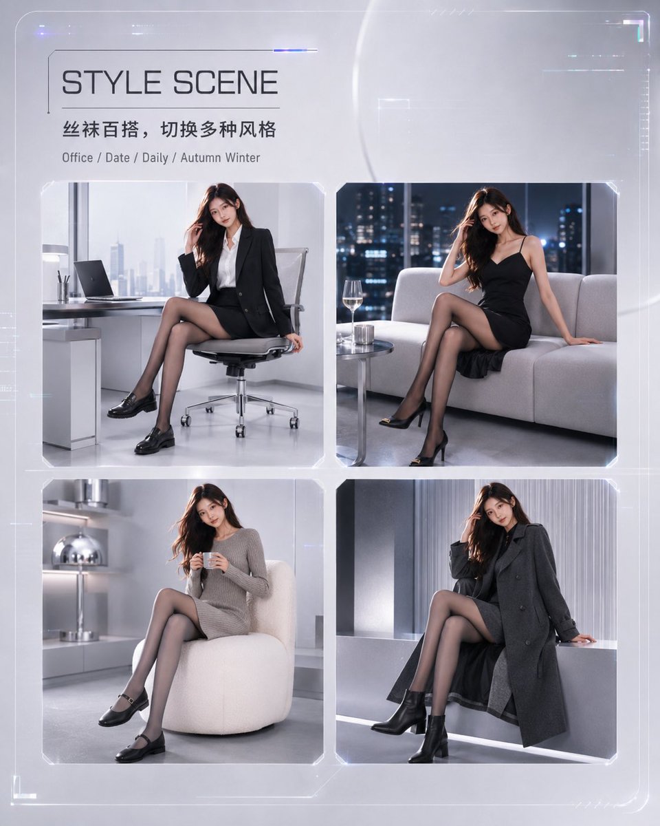 未来感丝袜产品概览 / Futuristic Stockings Product Overview，UI 与社交媒体截图，霓虹、时尚、海报，案例输出图 3