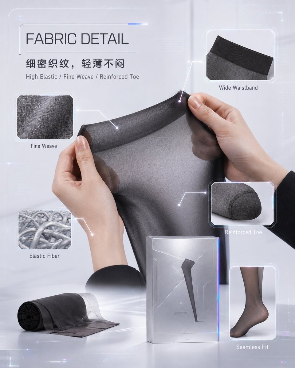 未来感丝袜产品概览 / Futuristic Stockings Product Overview，UI 与社交媒体截图，霓虹、时尚、海报，案例输出图 4