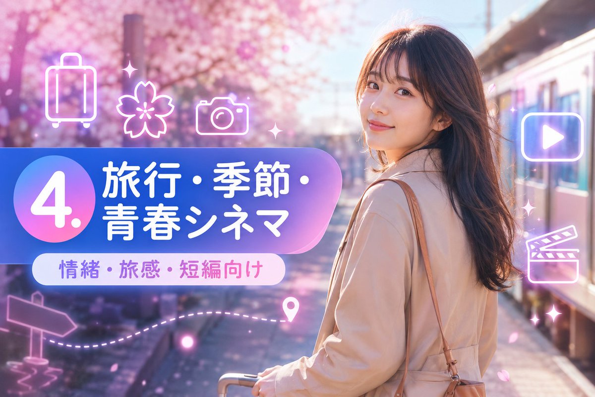 Sakura Travel Cinema 标题卡 / Sakura Travel Cinema Title Card，UI 与社交媒体截图，霓虹、电影感、海报，案例输出图 1