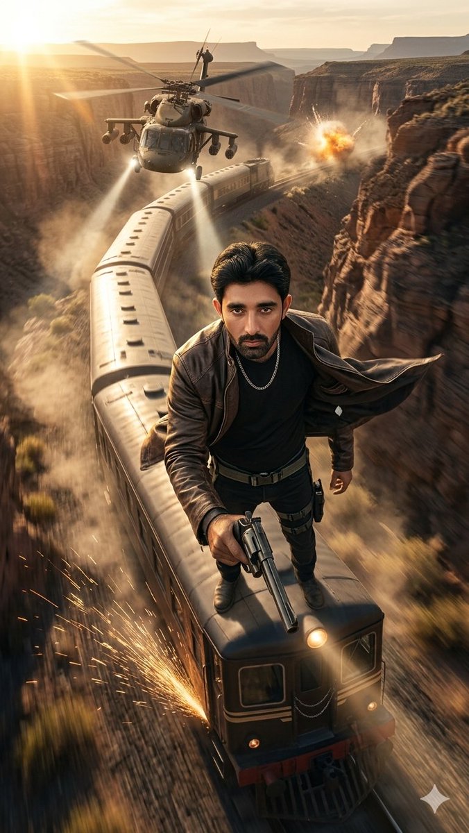 峡谷列车动作英雄 / Canyon Train Action Hero，角色设计，人像、电影感、海报，案例输出图 1