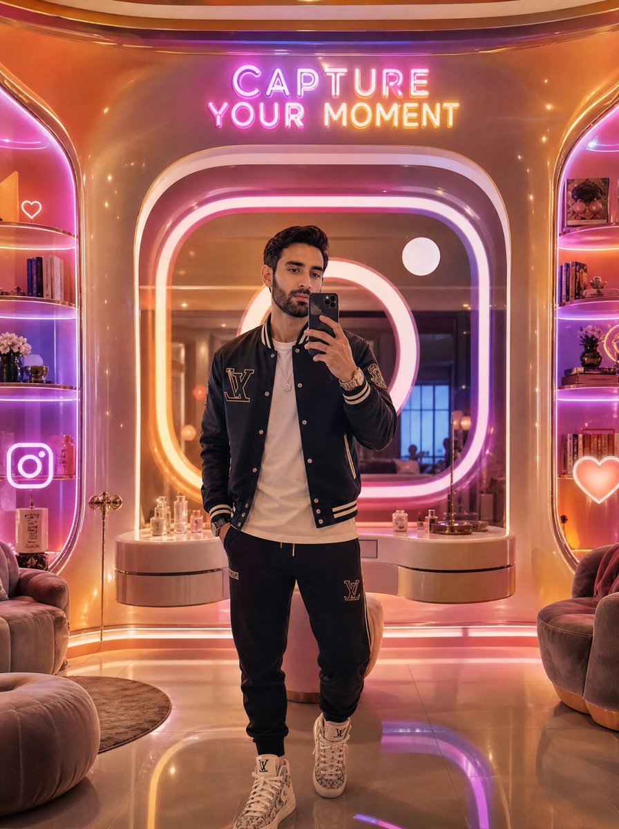霓虹奢华镜面自拍 / Neon Luxury Mirror Selfie，人像与摄影，霓虹、人像、电影感，案例输出图 1