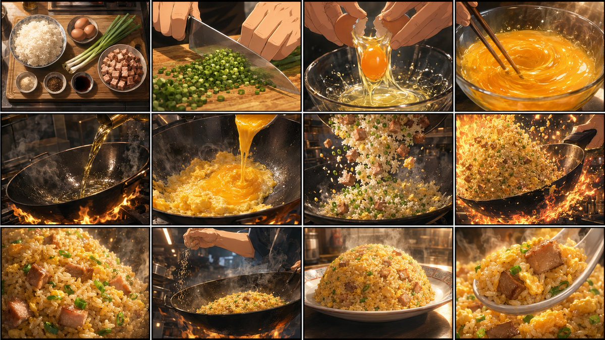 黄金炒饭分镜脚本页 / Golden Fried Rice Storyboard Sheet，角色设计，电影感、海报、插画，案例输出图 1