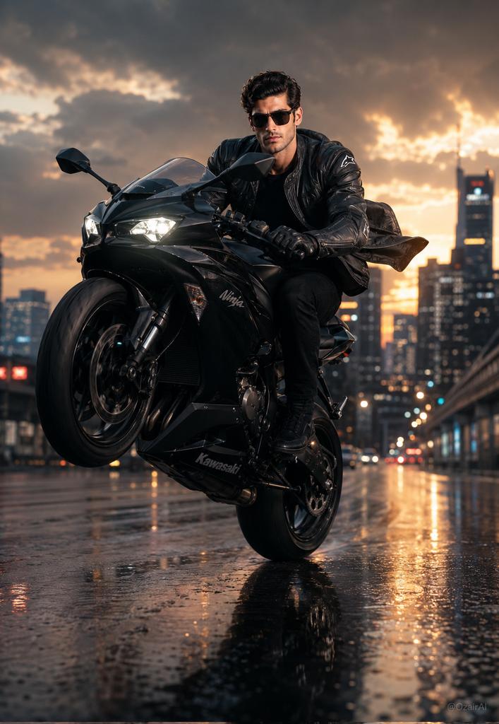 超写实机车翘头肖像 / Hyper-Realistic Biker Wheelie Portrait，人像与摄影，霓虹、人像、电影感，案例输出图 1