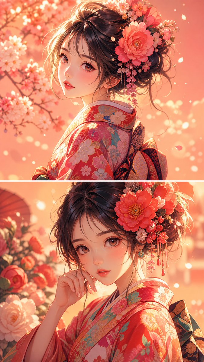 动漫少女花卉和服肖像 / Anime Girl Floral Kimono Portrait，角色设计，人像、电影感、插画，案例输出图 2
