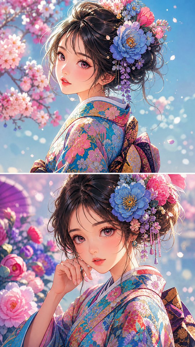 动漫少女花卉和服肖像 / Anime Girl Floral Kimono Portrait，角色设计，人像、电影感、插画，案例输出图 1