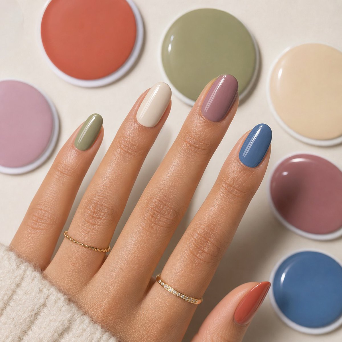 柔和莫兰迪色系亚克力美甲套装 / Muted Pastel Acrylic Nail Set，人像与摄影，人像、极简、产品图，案例输出图 1