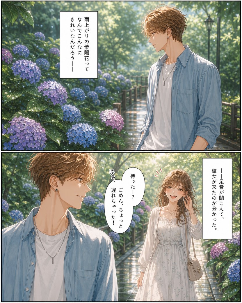 雨中绣球花浪漫漫画页面 / Rainy Hydrangea Romance Manga Page，角色设计，电影感、插画、角色，案例输出图 1