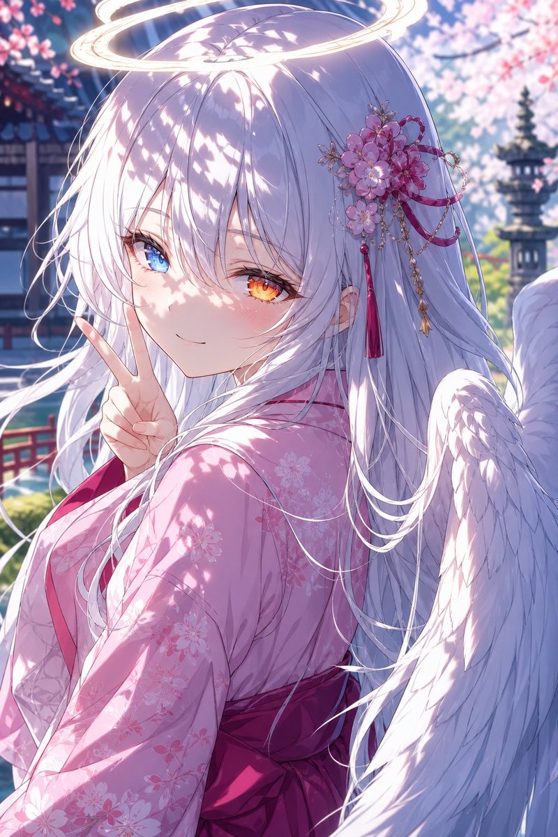 身着樱花和服的天使少女 / Angel Girl in Sakura Kimono，角色设计，人像、电影感、插画，案例输出图 1