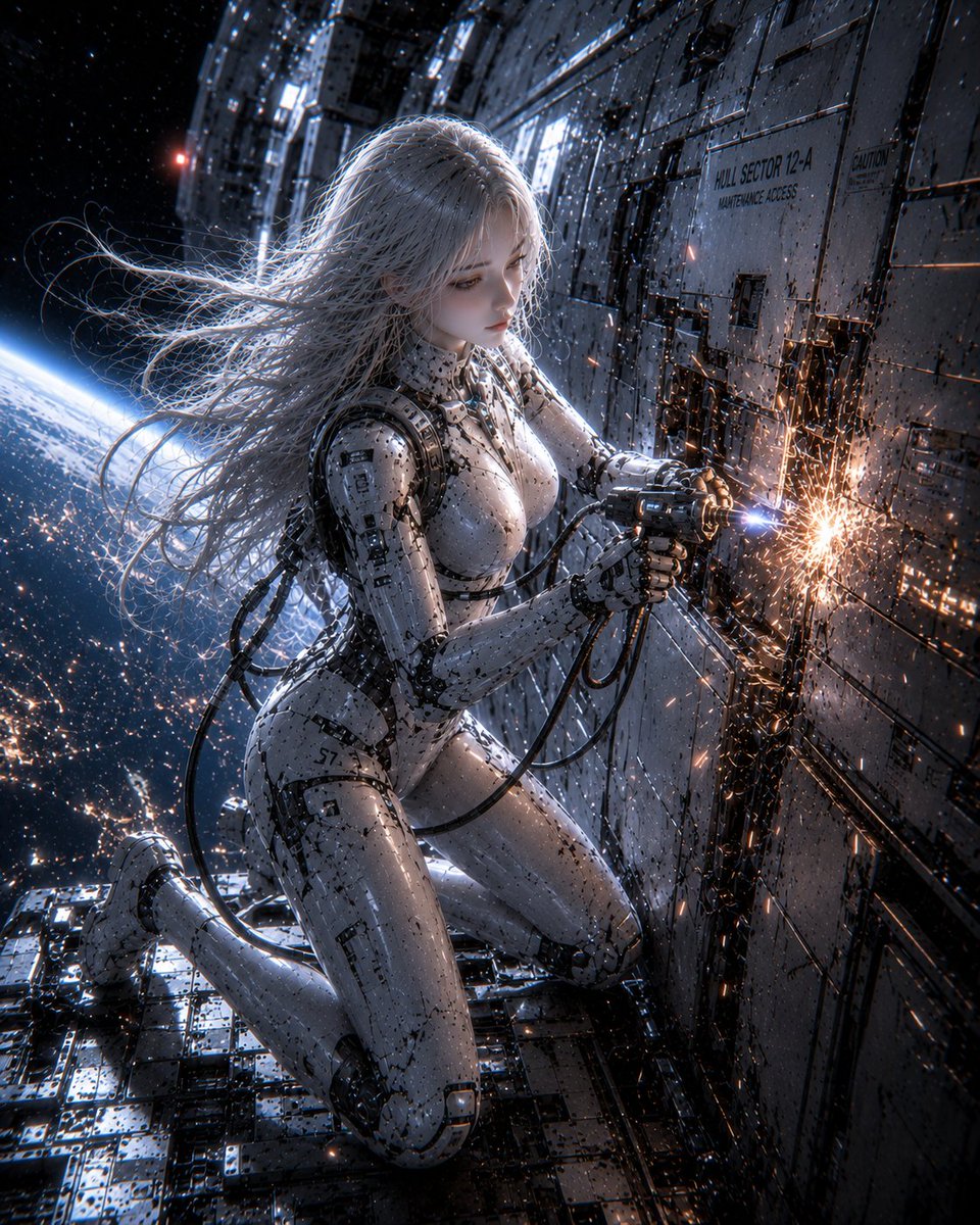 女性仿生人维修宇宙飞船外壳 / Female Android Repairing Spaceship Hull,角色设计,电影感、插画、角色,案例输出图 1