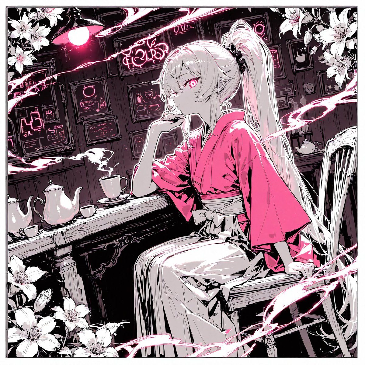 赛博朋克和风茶室 / Cyberpunk Kimono Tea Room，UI 与社交媒体截图，霓虹、插画、UI，案例输出图 1