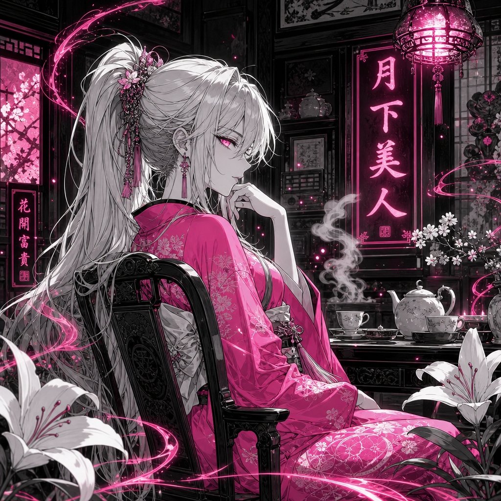 霓虹月光下的动漫茶馆美人 / Neon Moonlit Anime Teahouse Beauty，角色设计，霓虹、电影感、插画，案例输出图 1