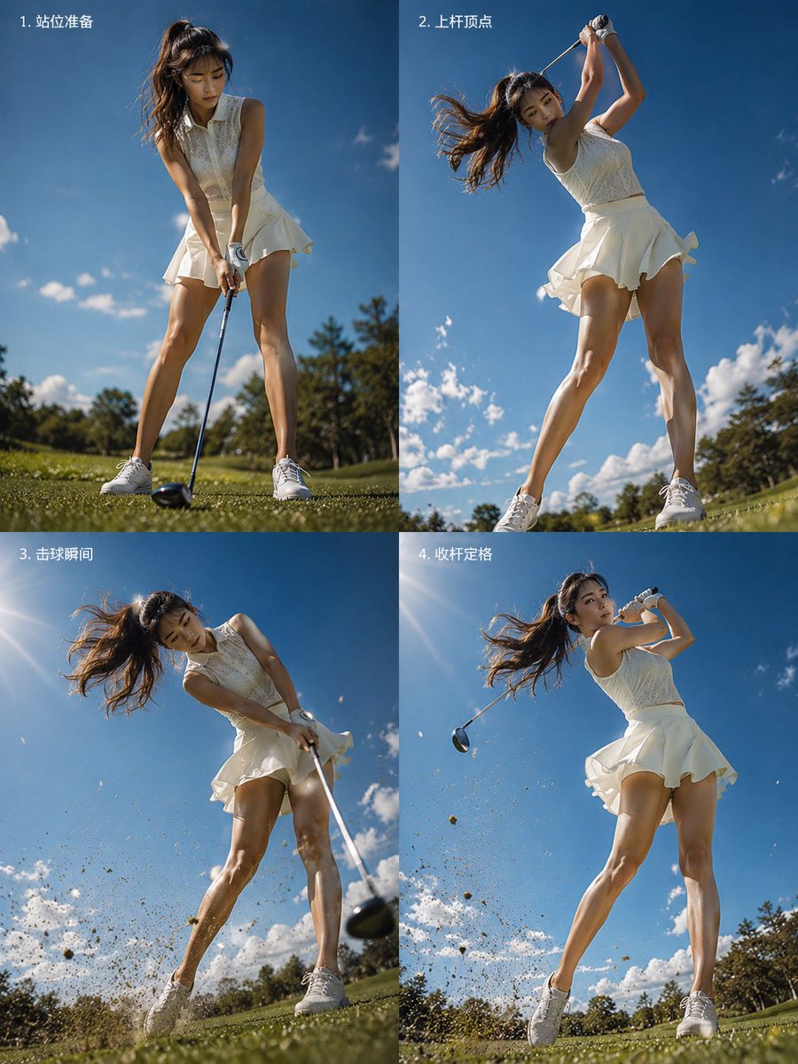 四格高尔夫挥杆动作序列 / Four-Panel Golf Swing Sequence，人像与摄影，人像、电影感、海报，案例输出图 1