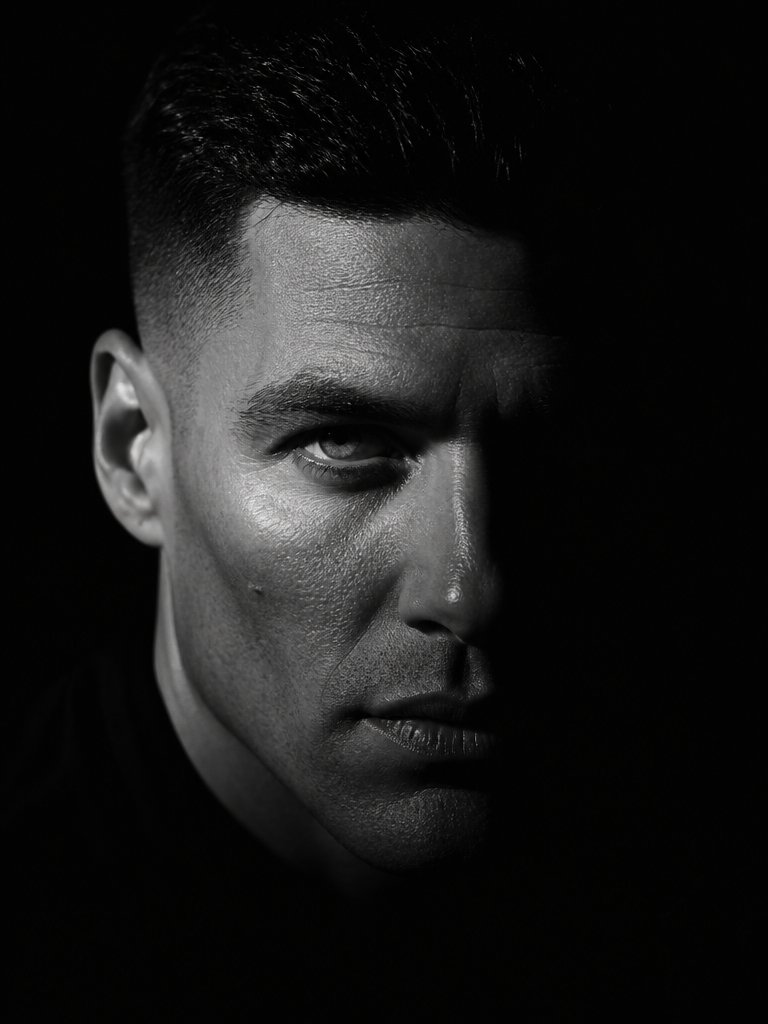 戏剧性明暗对照法男性时尚肖像 / Dramatic Chiaroscuro Male Editorial Portrait，人像与摄影，人像、时尚、人像与摄影，案例输出图 1