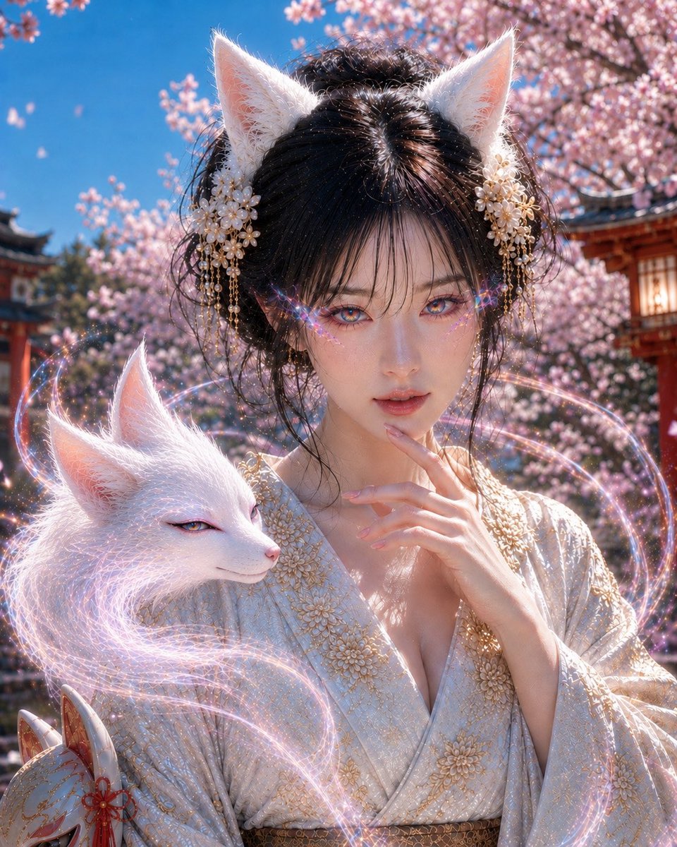 神秘狐仙神像肖像 / Mystical Kitsune Shrine Portrait，角色设计，人像、角色、二次元，案例输出图 2