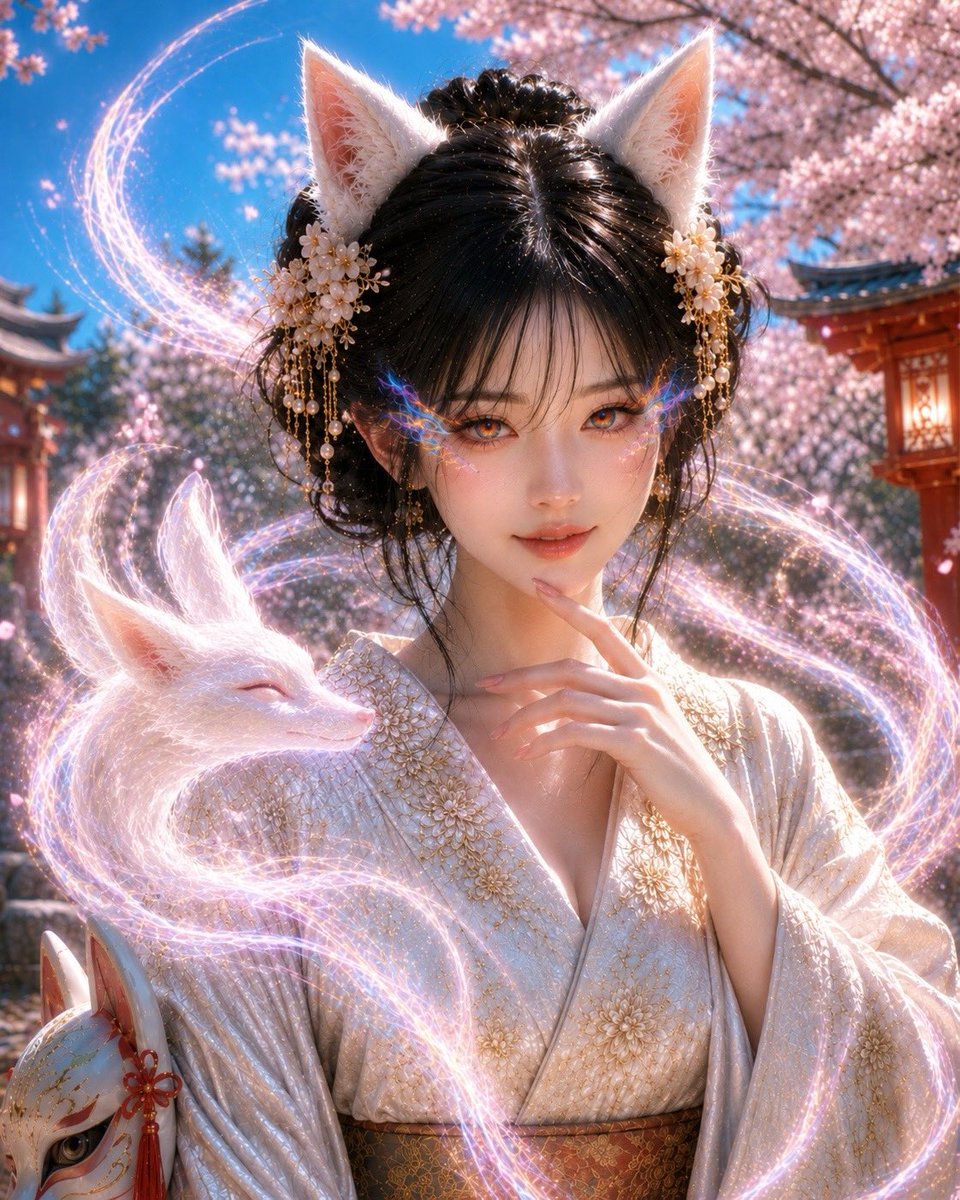 神秘狐仙神像肖像 / Mystical Kitsune Shrine Portrait，角色设计，人像、角色、二次元，案例输出图 1