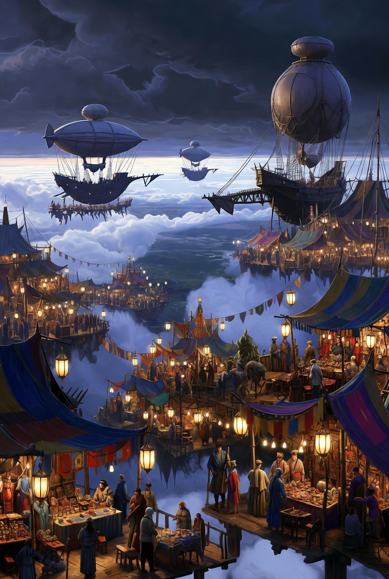 浮空夜市 / Floating Sky Night Market，角色设计，霓虹、人像、电影感，案例输出图 1