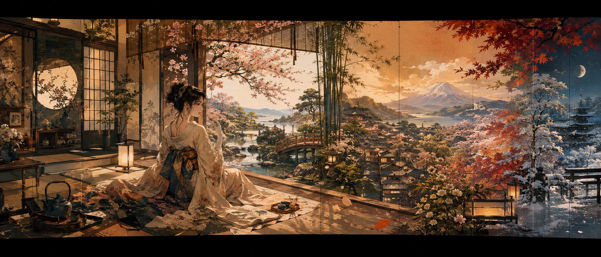 四季日本全景 / Four Seasons Japanese Panorama，角色设计，电影感、海报、插画，案例输出图 1