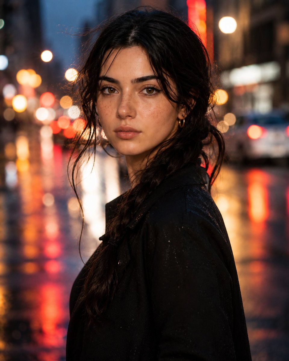 超写实雨中城市人像 / Hyperrealistic Rainy City Portrait，人像与摄影，霓虹、人像、电影感，案例输出图 1