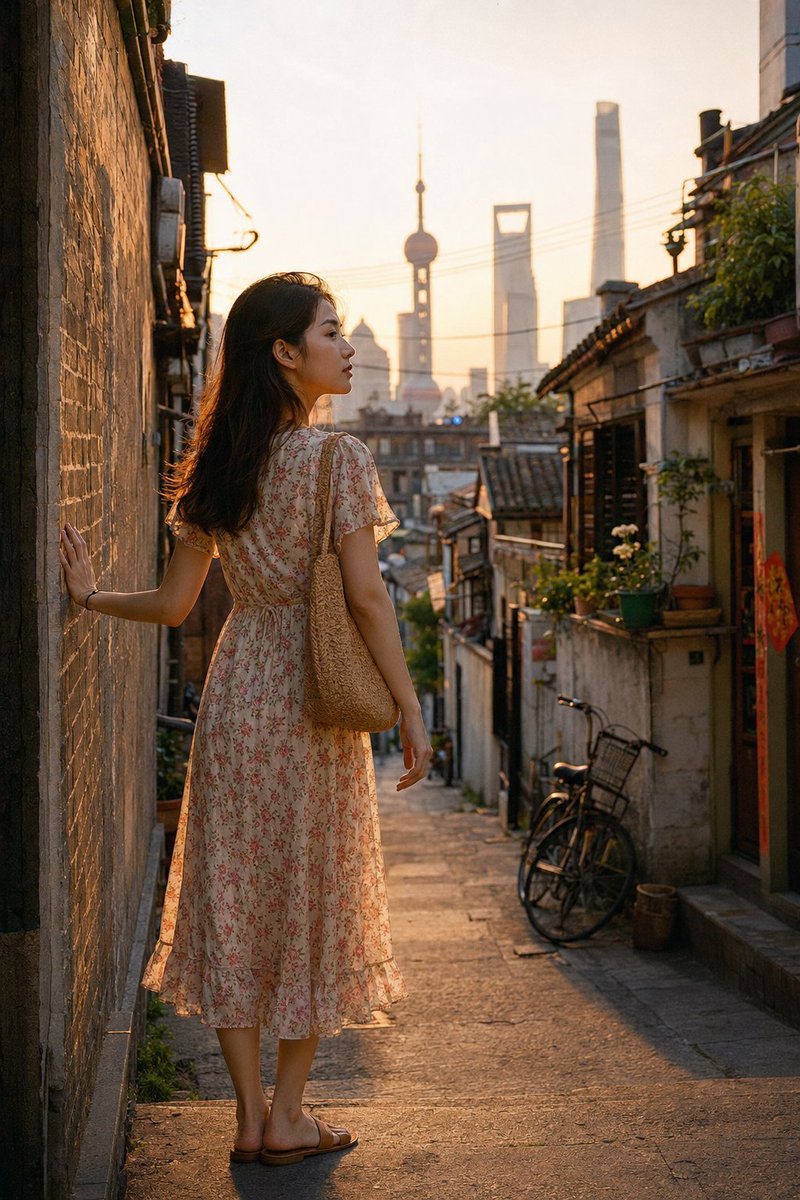 上海弄堂黄昏肖像 / Shanghai Longtang Dusk Portrait，角色设计，35mm、人像、插画，案例输出图 1