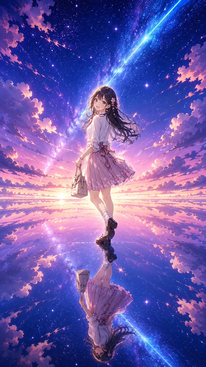 梦幻天空之镜插画 / Fantasy Sky Mirror Illustration，角色设计，插画、角色、竖版，案例输出图 1