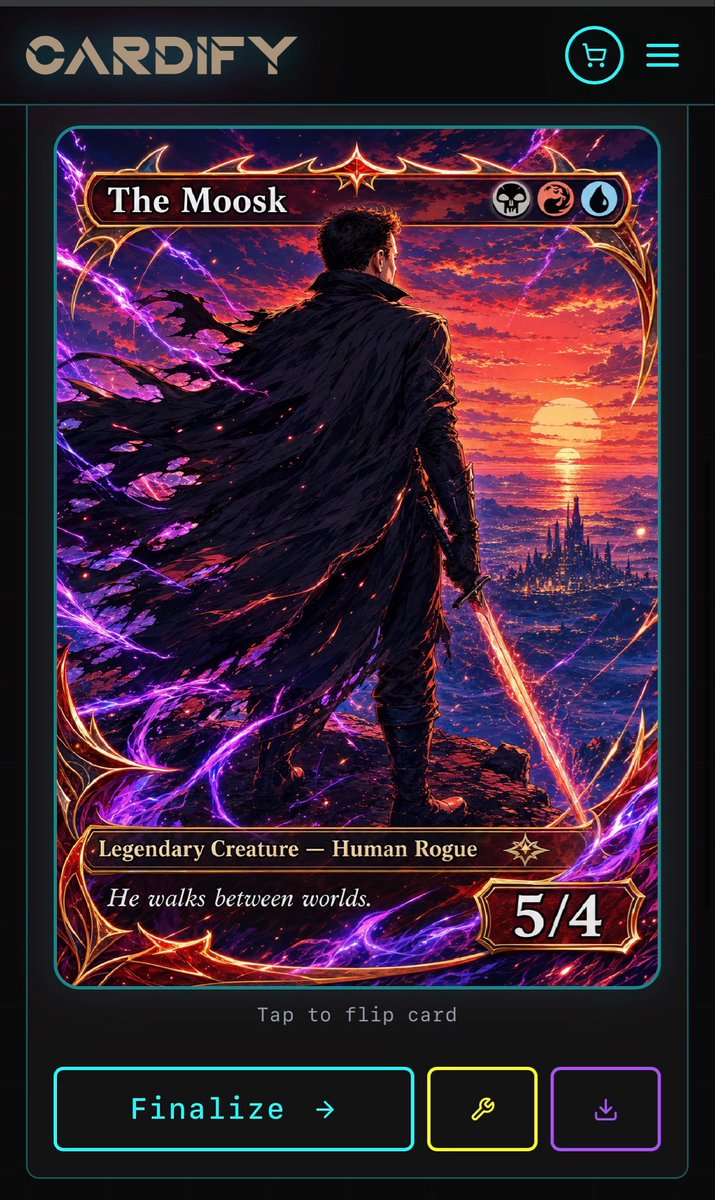 赛博朋克奇幻集换式卡牌 App / Cyberpunk Fantasy Trading Card App，UI 与社交媒体截图，霓虹、电影感、插画，案例输出图 1
