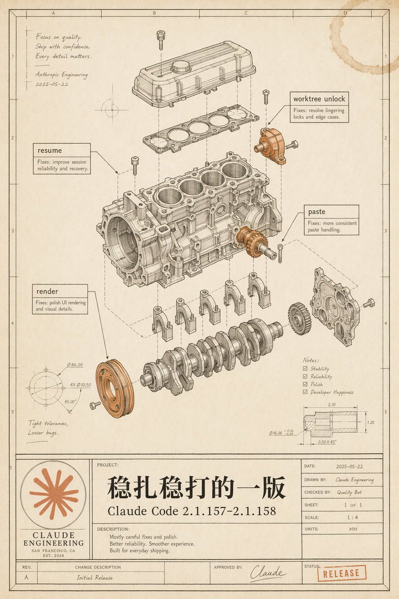 复古 Claude Code 发布蓝图 / Vintage Claude Code Release Blueprint，UI 与社交媒体截图，人像、海报、插画，案例输出图 1