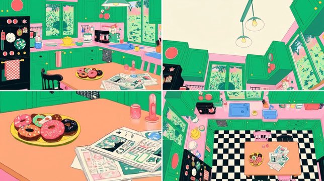 四格复古厨房场景 / Four-Panel Retro Kitchen Scene，UI 与社交媒体截图，插画、UI、截图，案例输出图 1